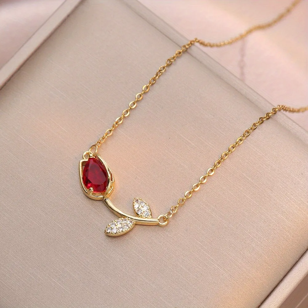 Red Zirconia Tulip Gold Clavicle Chain