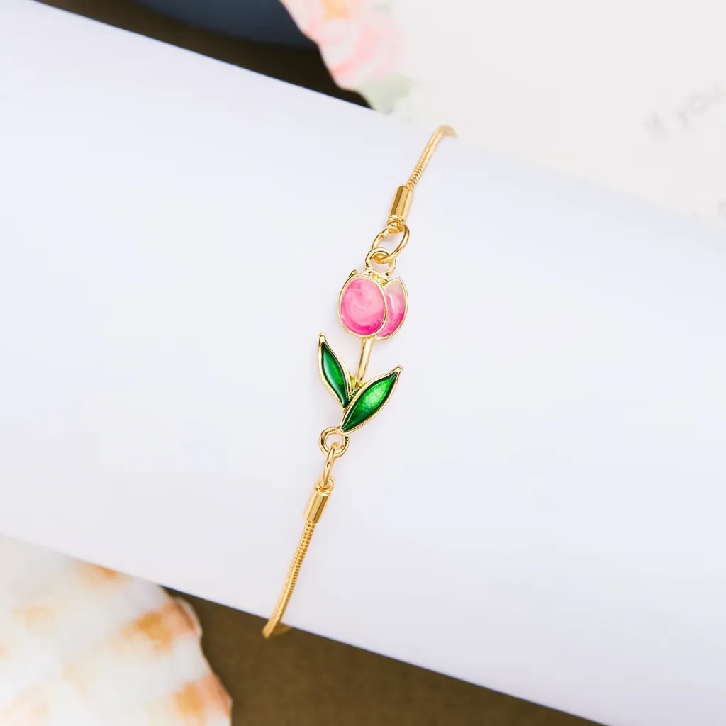 Vibrant Pink Enamel Tulip Gold Bracelet