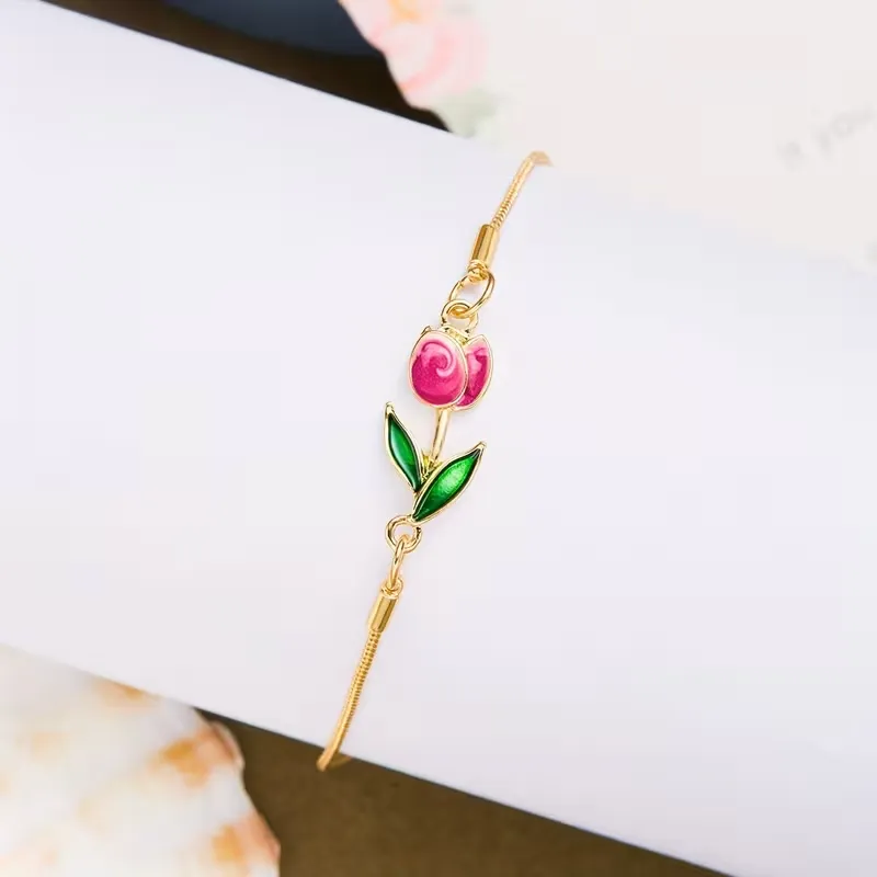 [MJ-570] Soft Rose Enamel Tulip Floral Bracelet