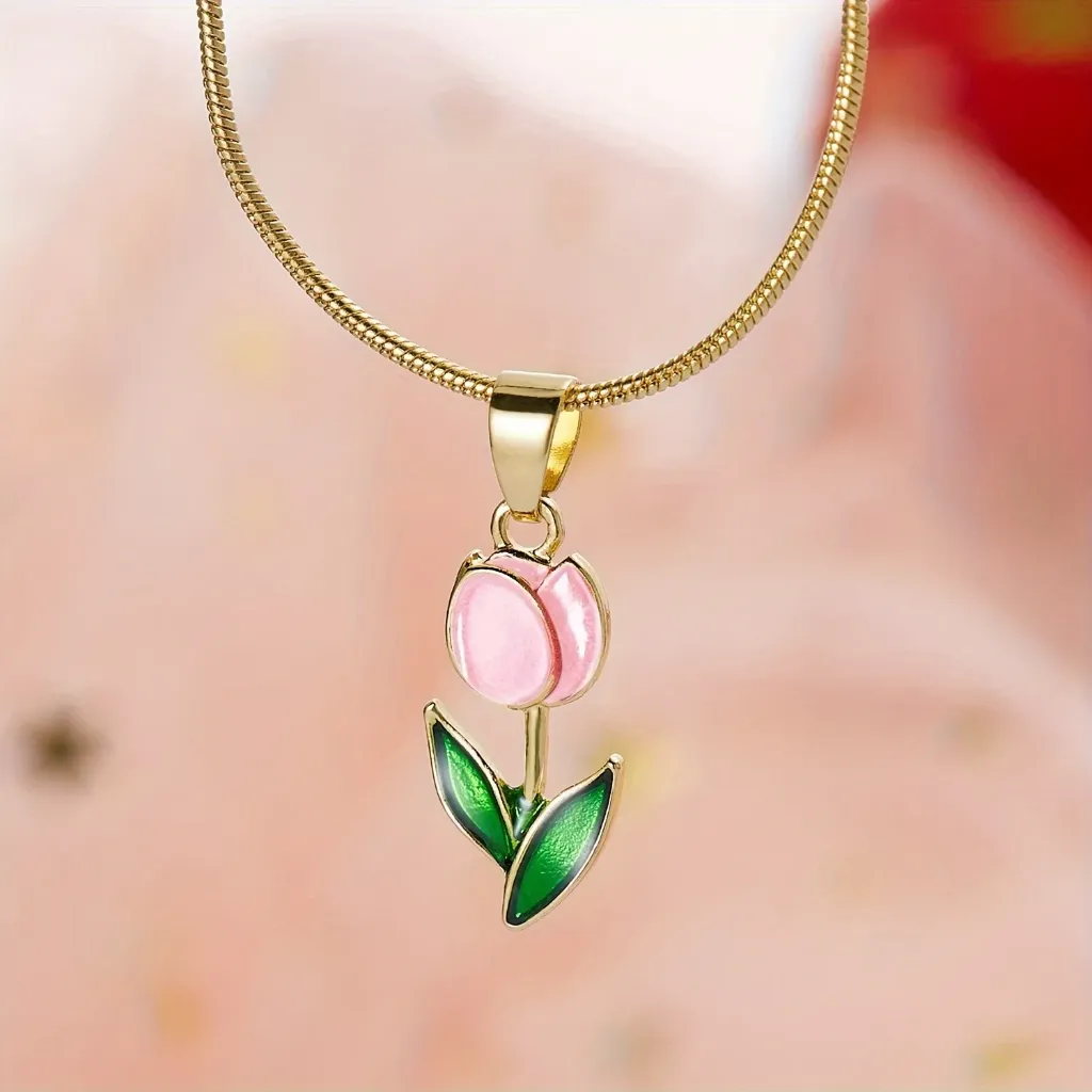 [MJ-460] Pink Enamel Tulip Gold Pendant Necklace