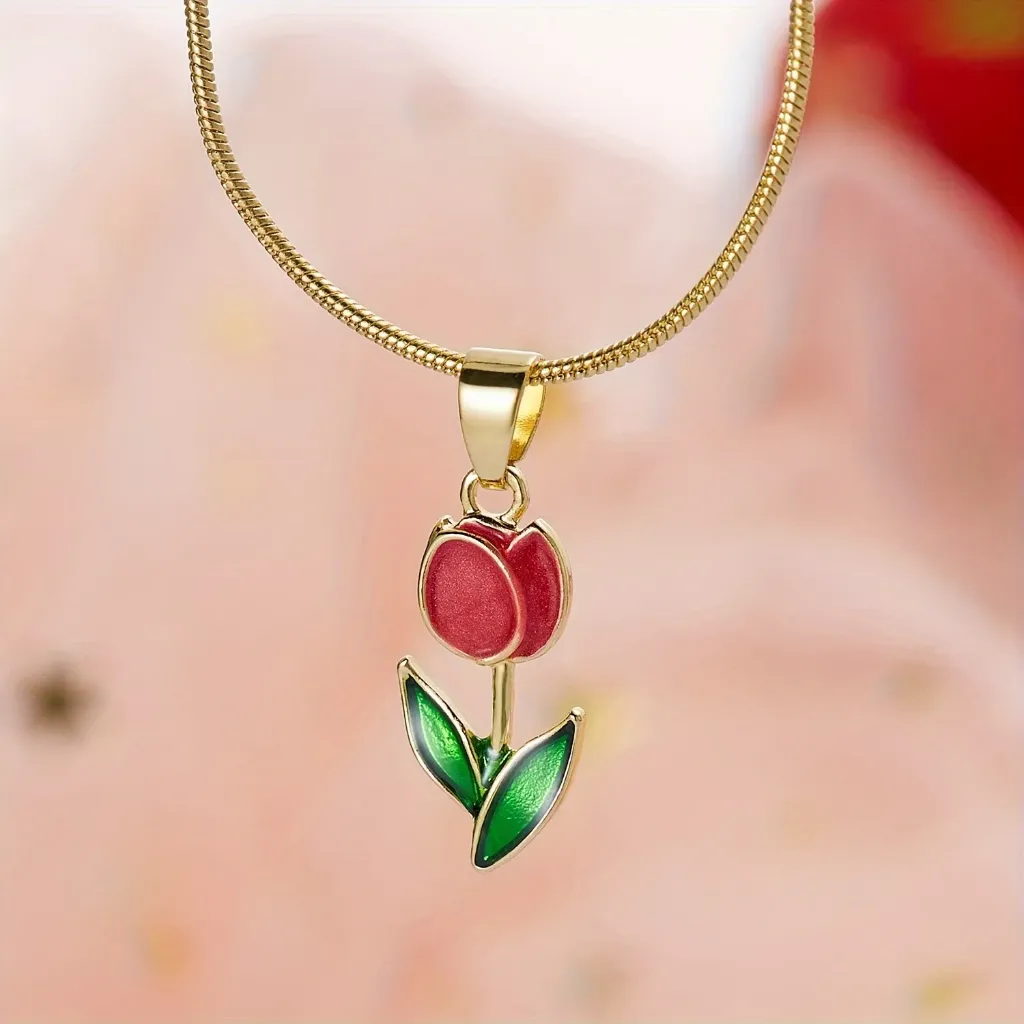 [MJ-488] Red Enamel Tulip Gold Pendant Necklace