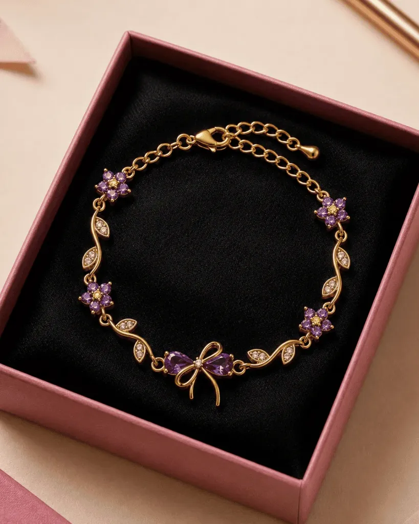 [MJ-480] Purple Floral Bow Anti Tarnish Bracelet