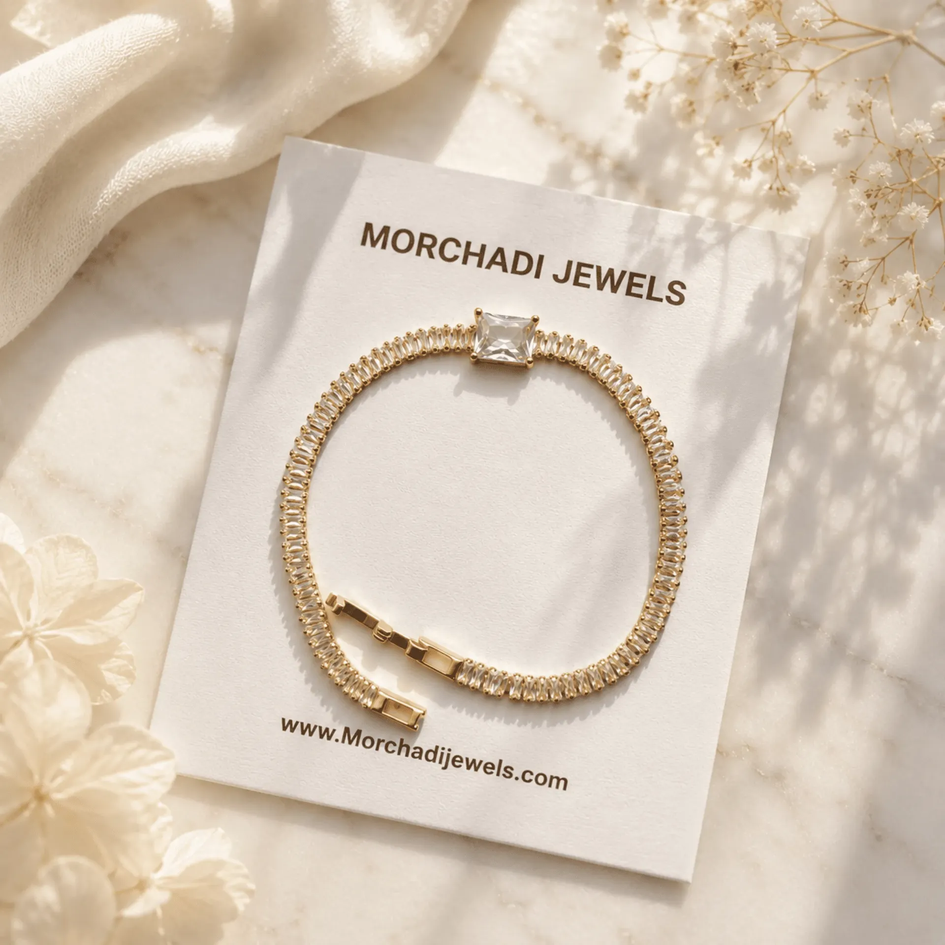 [MJ-036] Anti Tarnish Gold CZ Tennis Bracelet with Square Solitaire Stone