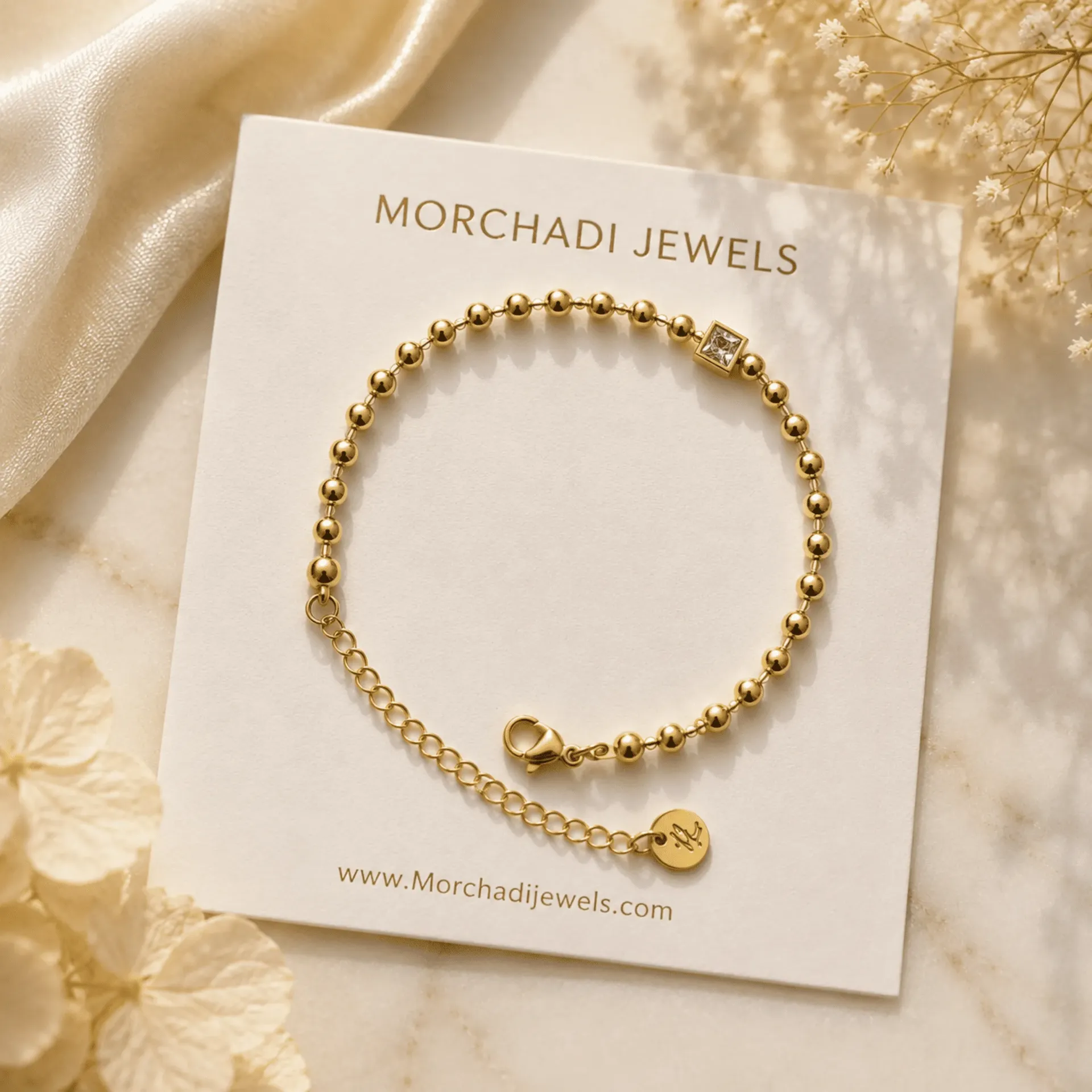 [MJ-034] Anti Tarnish Gold Bead Bracelet with CZ Square Stone for Women