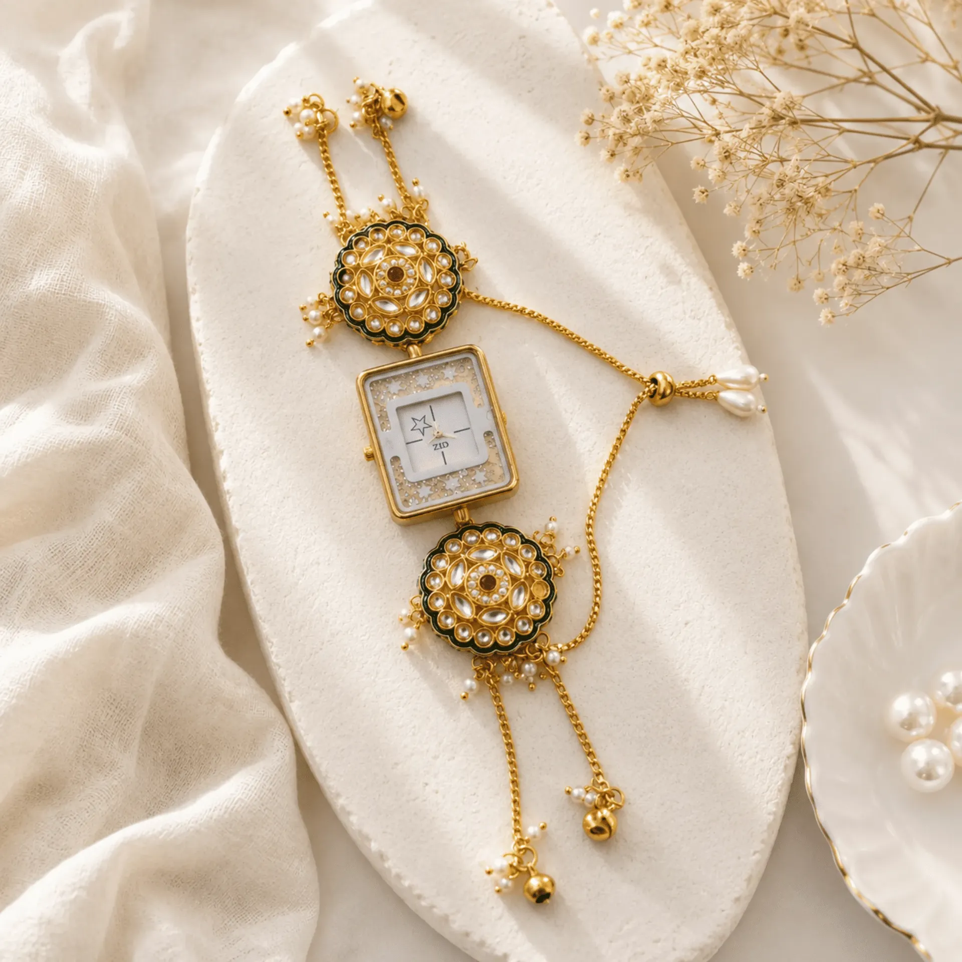 Kashmiri Green Meenakari Kundan Pearl Mandala Bracelet Watch