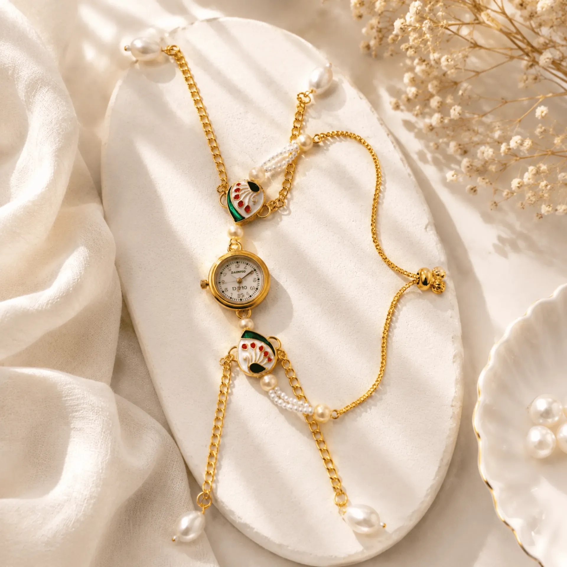[MJ-369] Kashmiri White Meenakari Pearl Chain Bracelet Watch