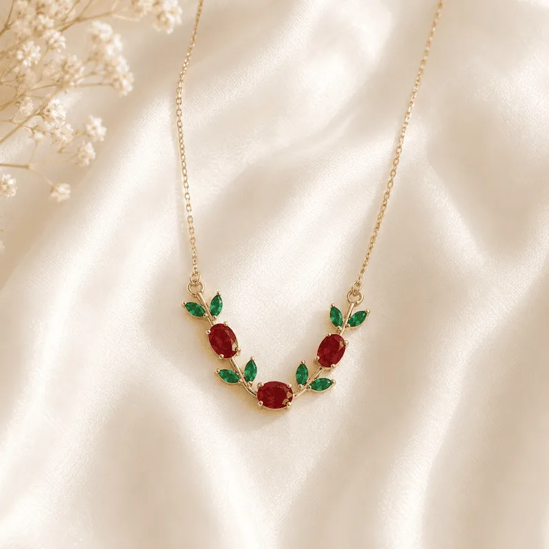 [MJ-493] Red Ruby & Emerald Vine Necklace