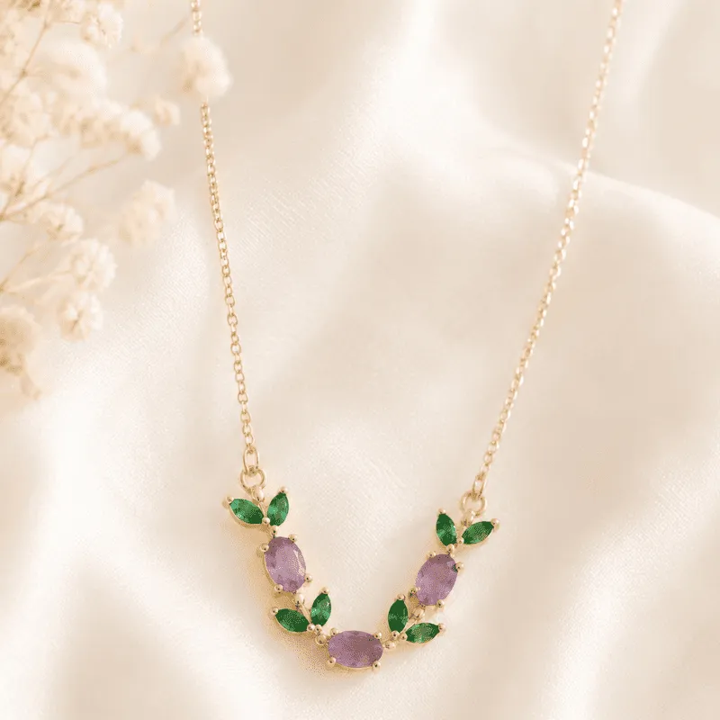 [MJ-477] Purple & Emerald CZ Gold-Plated Anti-Tarnish Necklace