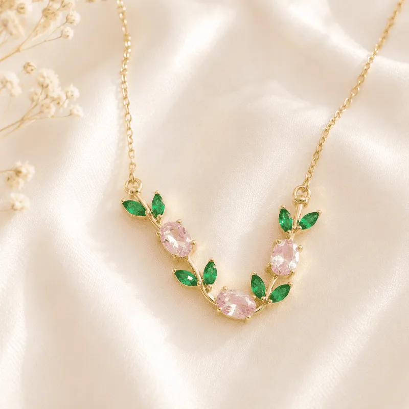[MJ-467] Pink Rose & Emerald CZ Gold-Plated Anti-Tarnish Necklace
