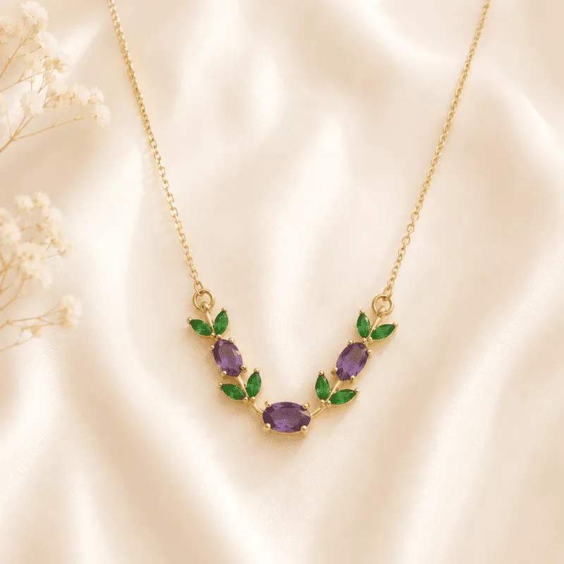 [MJ-027] Amethyst Purple & Emerald CZ Gold-Plated Anti-Tarnish Necklace