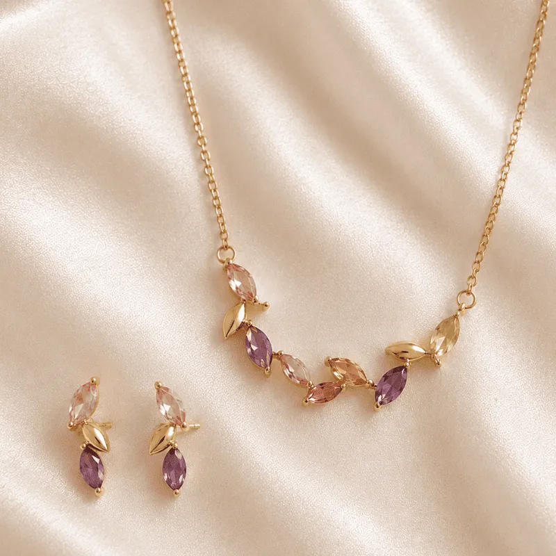[MJ-457] Pink & Purple Marquise Leaf Jewellery Set