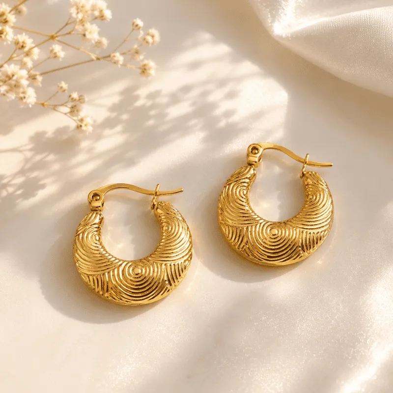 [MJ-576] Spiral Textured Chunky Gold-Plated Anti-Tarnish Hoop Earrings