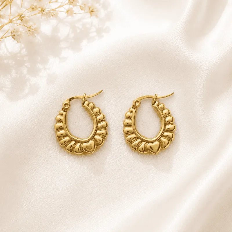 [MJ-152] Cross Hatch Gold Stainless Steel Hoop Earrings