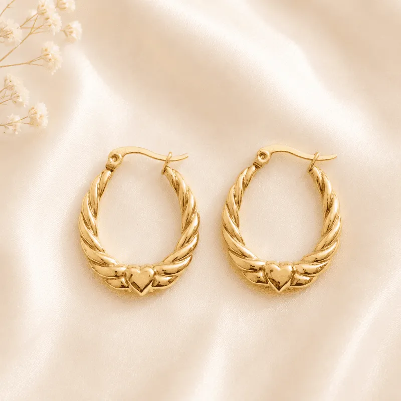 [MJ-610] Twisted Rope Heart Gold Stainless Steel Hoop Earrings
