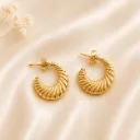 Croissant Ribbed Gold Stainless Steel C-Hoop Earrings