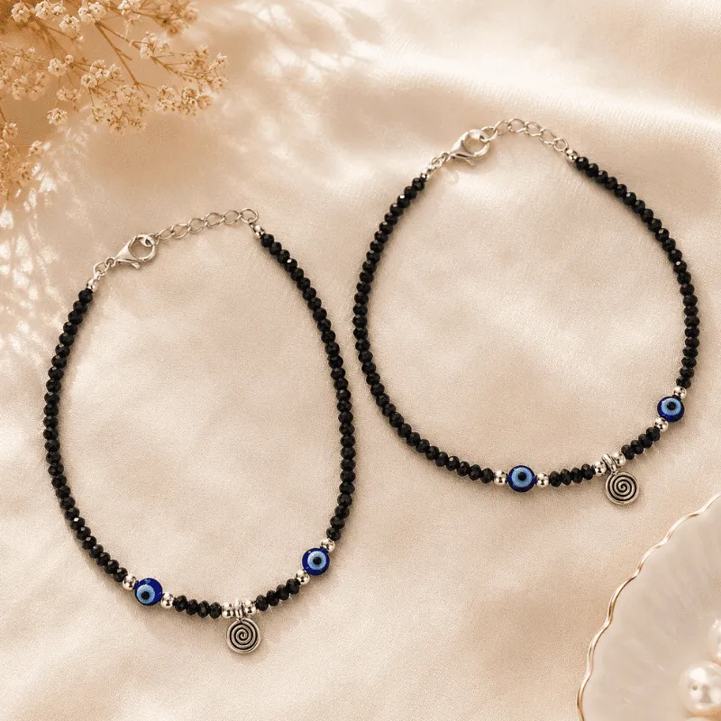 [MJ-119] Black Evil Eye Spiral Charm Anklet – Set of 2