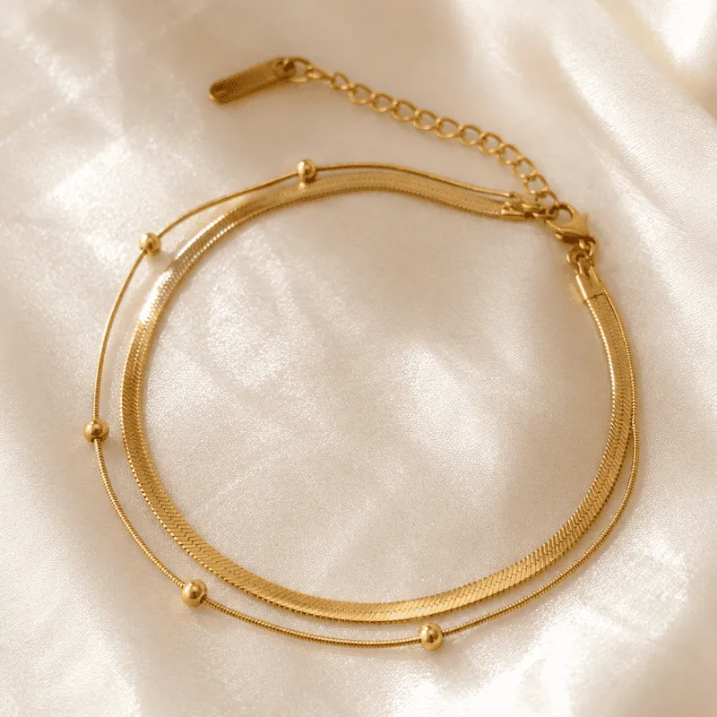 [MJ-219] Double Layer Herringbone Gold Anti-Tarnish Anklet