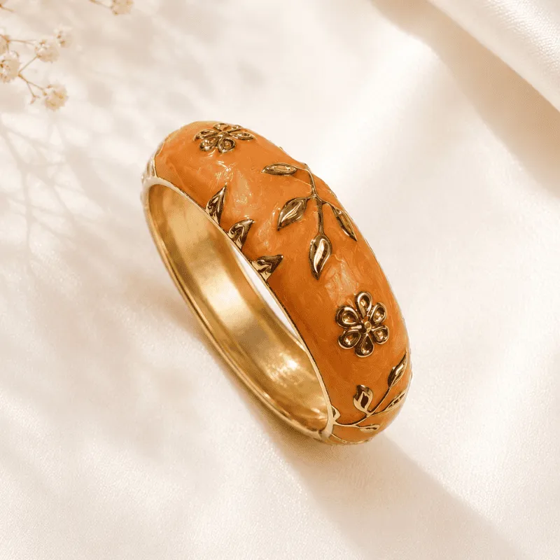 [MJ-446] Orange Enamel Floral Kada – Gold Plated Anti-Tarnish