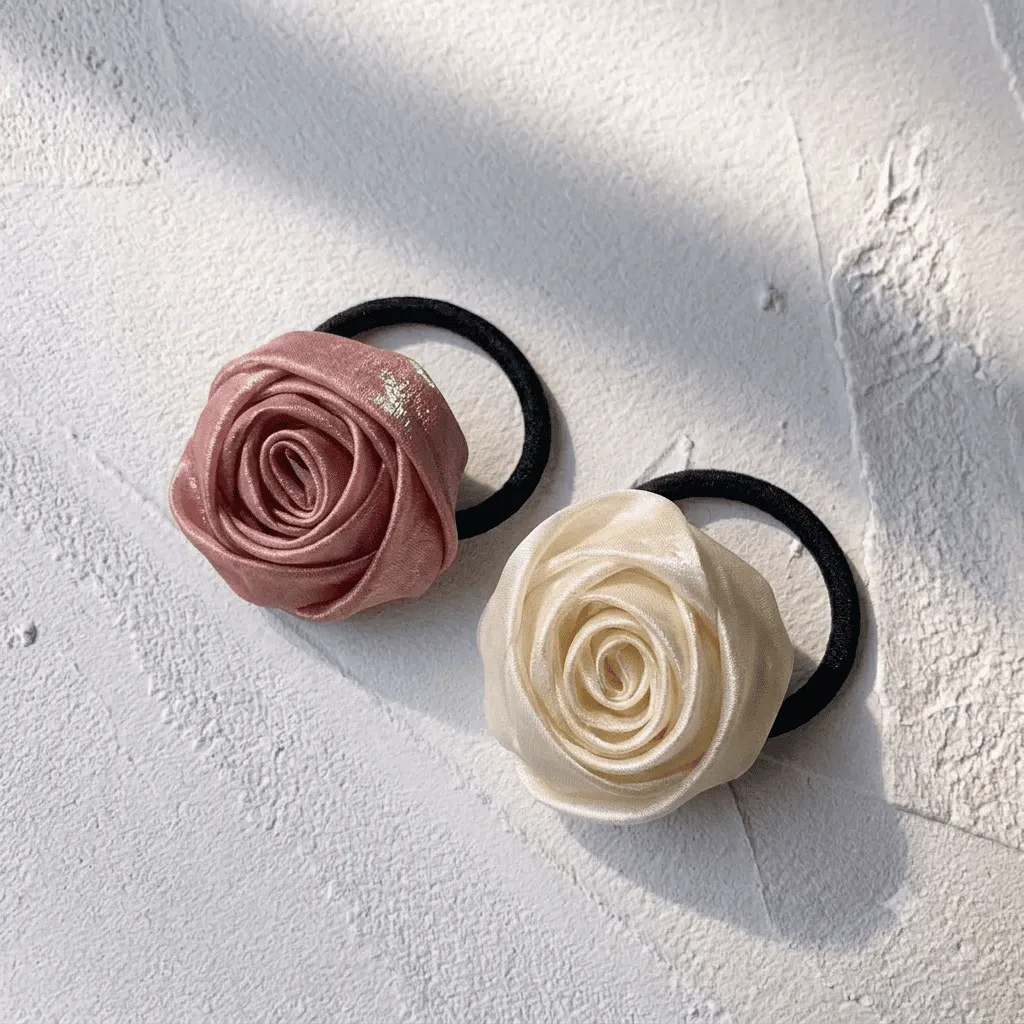 [MJ-525] Satin Rose Flower Hair Tie – Set of 2