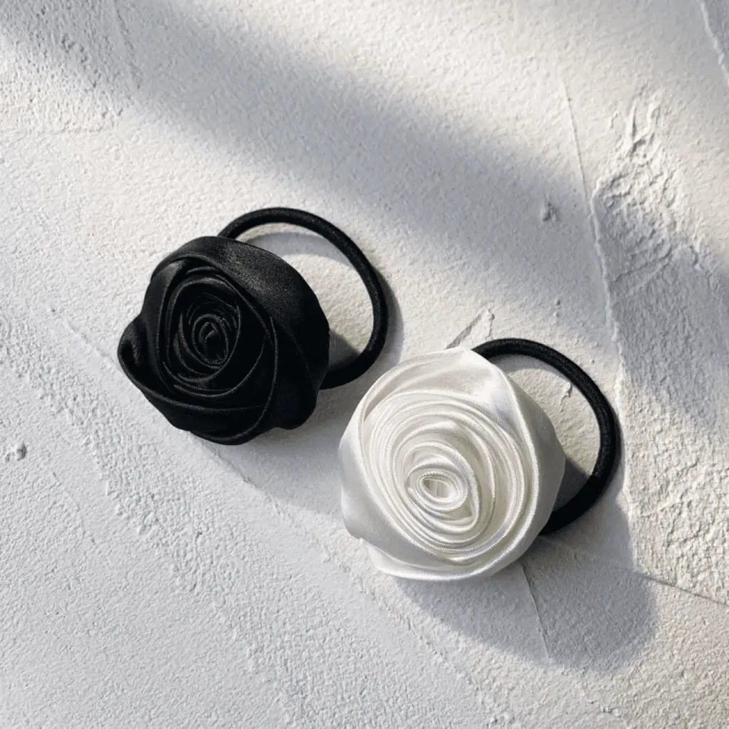 [MJ-524] Satin Rose Flower Hair Tie – Black & White Set of 2