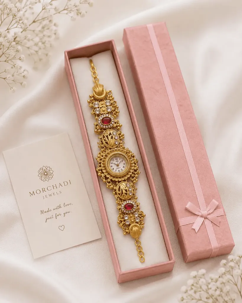 Traditional Antique Gold Kundan Bracelet Watch for Women |