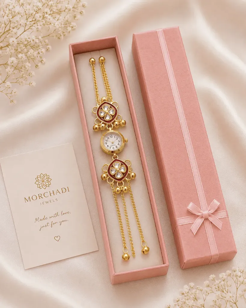 Red Meenakari Gold Plated Ethnic Wrist Watch with Ghungroo
