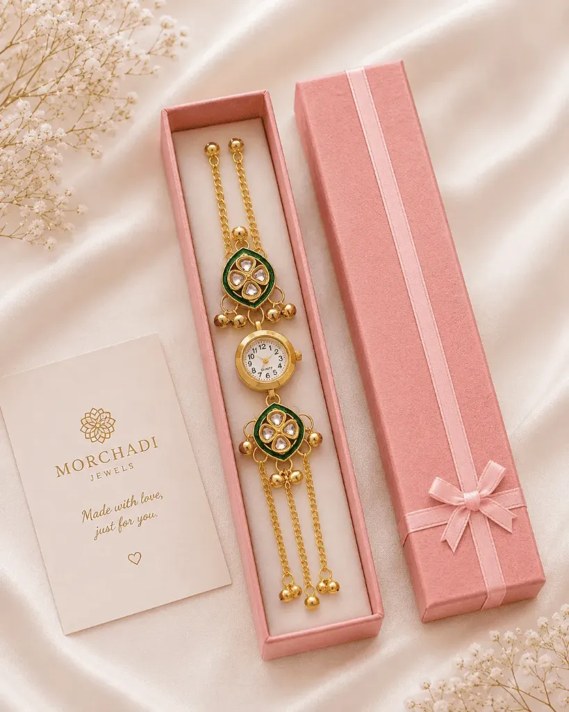 Green Meenakari Gold Plated Ethnic Wrist Watch with Ghungroo