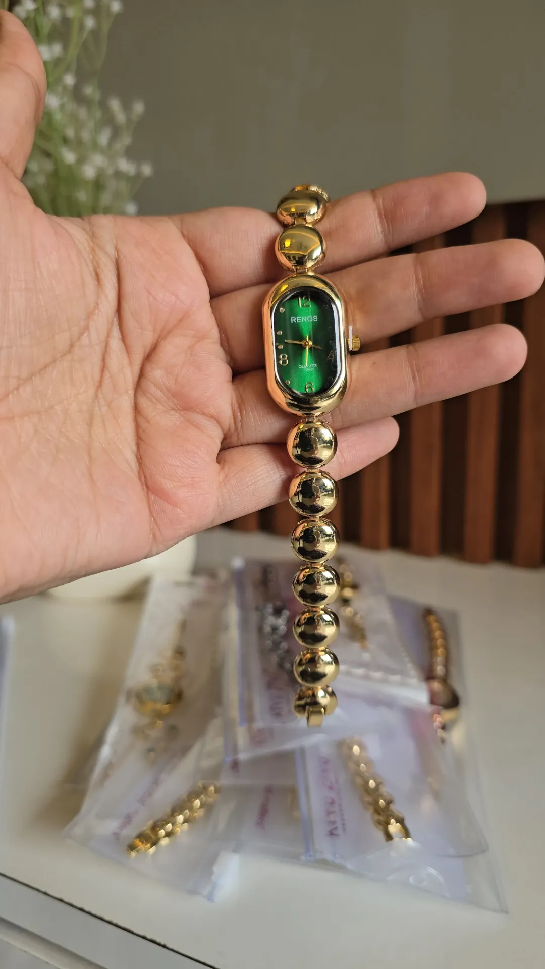 Vintage Anti-Tarnish Gold Green Dial Beaded Bracelet Watch for Women