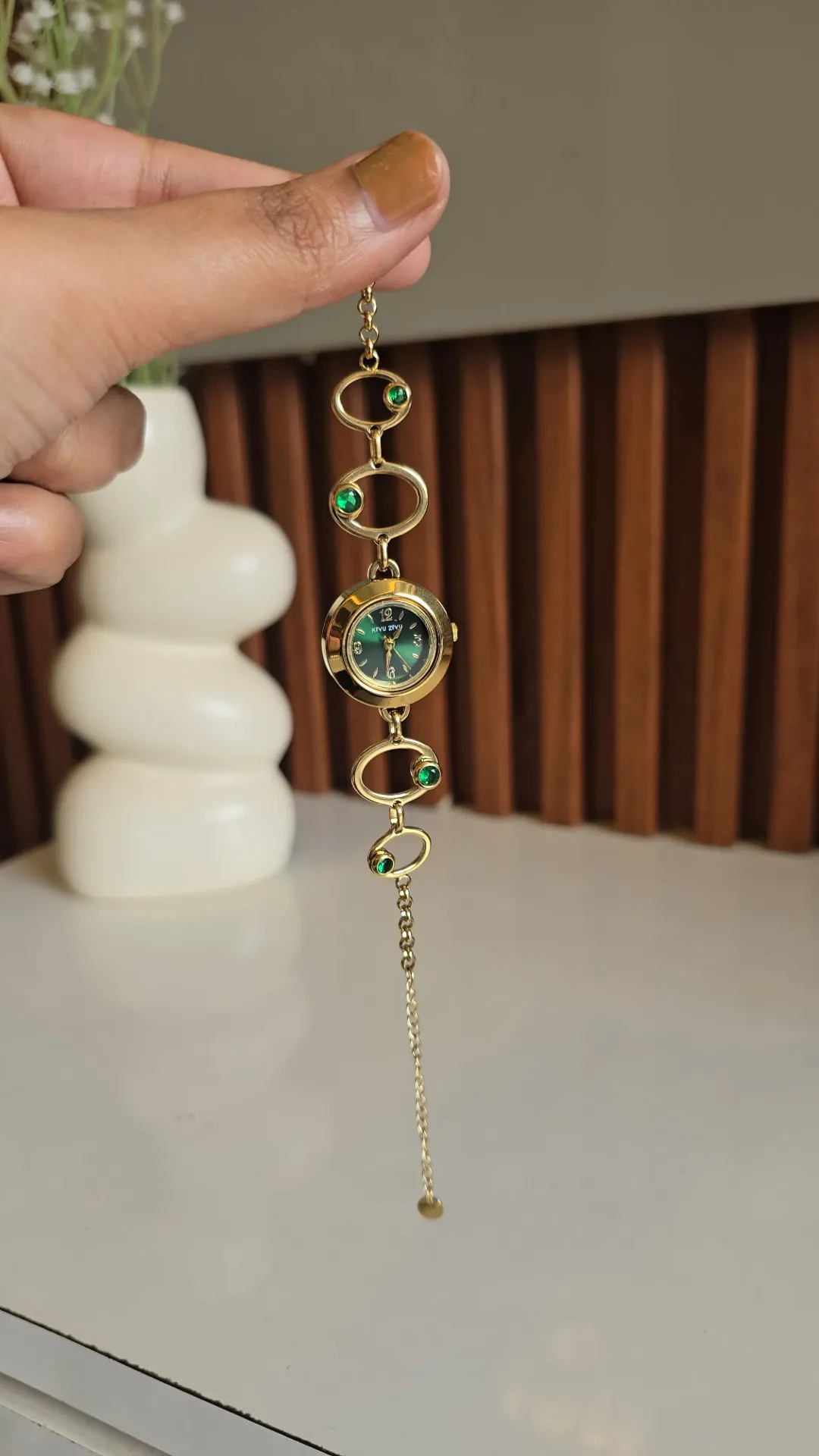 Vintage Anti-Tarnish Gold Oval Link Emerald Dial Bracelet Watch