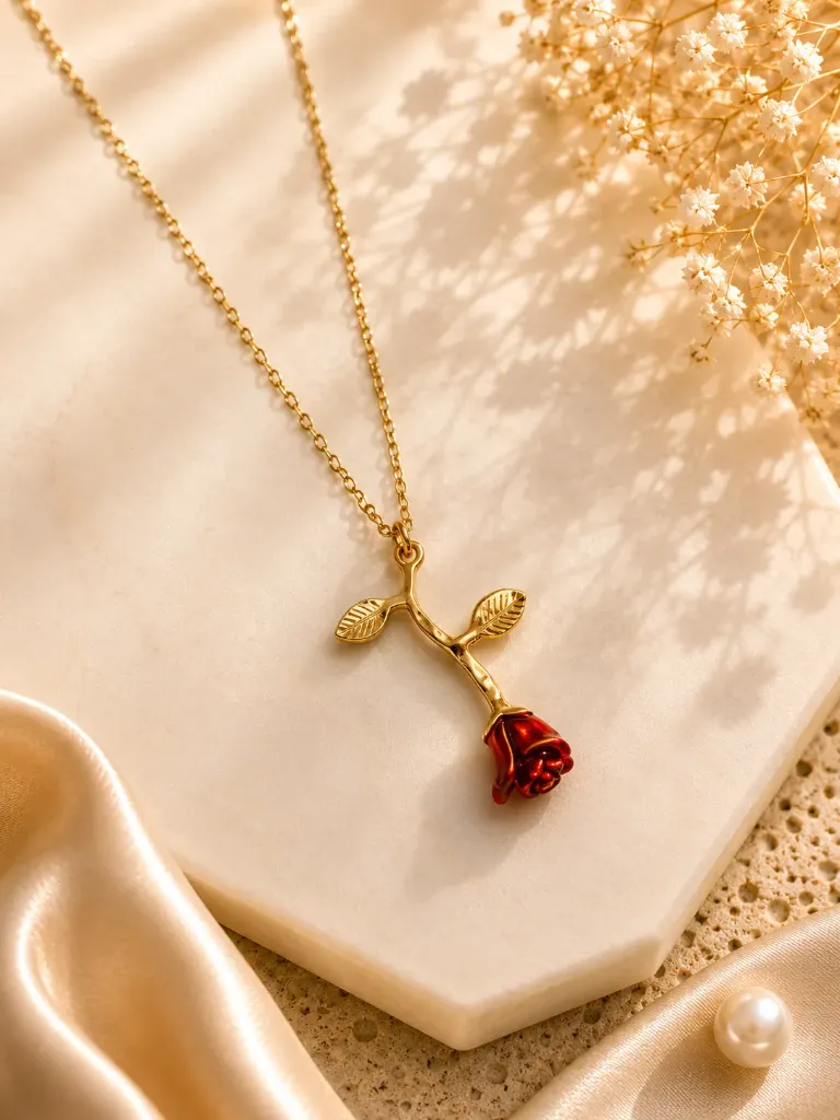3D Red Rose Pendant Necklace