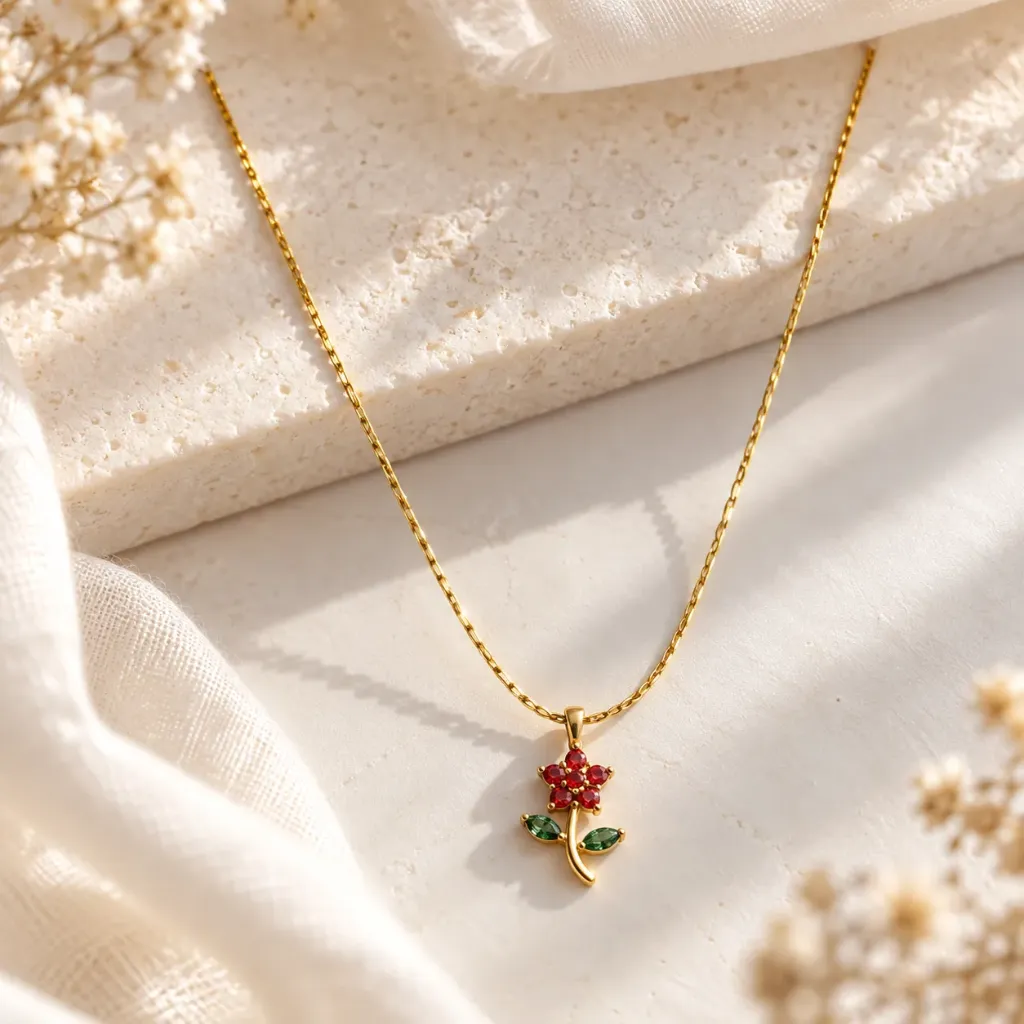 Anti Tarnish Red Flower Pendant Necklace for Women – Gold Plated
