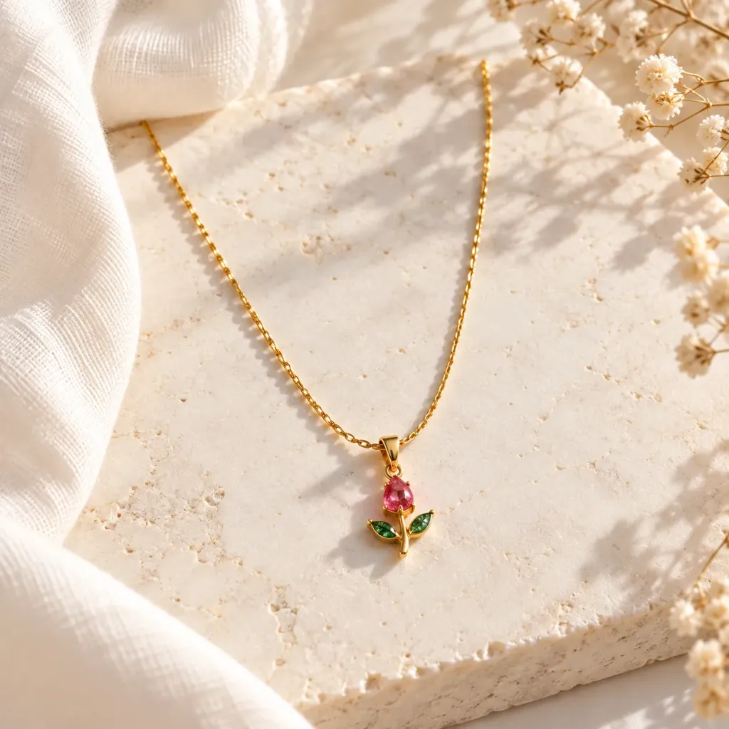 Anti Tarnish Pink Tulip Pendant Necklace for Women – Gold Plated