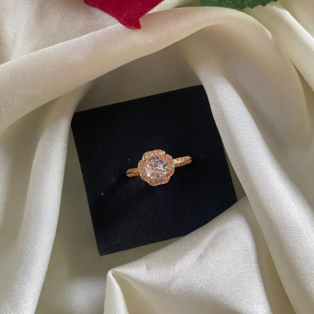 [MJ-254] Floral Halo Solitaire CZ Gold-Plated Ring