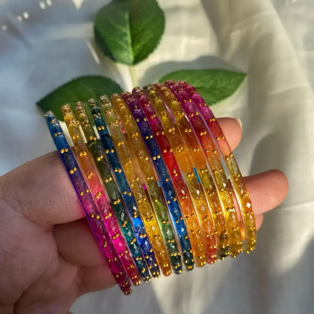 Dark Rainbow Rain Drop Glass Bangles (12 Piece)
