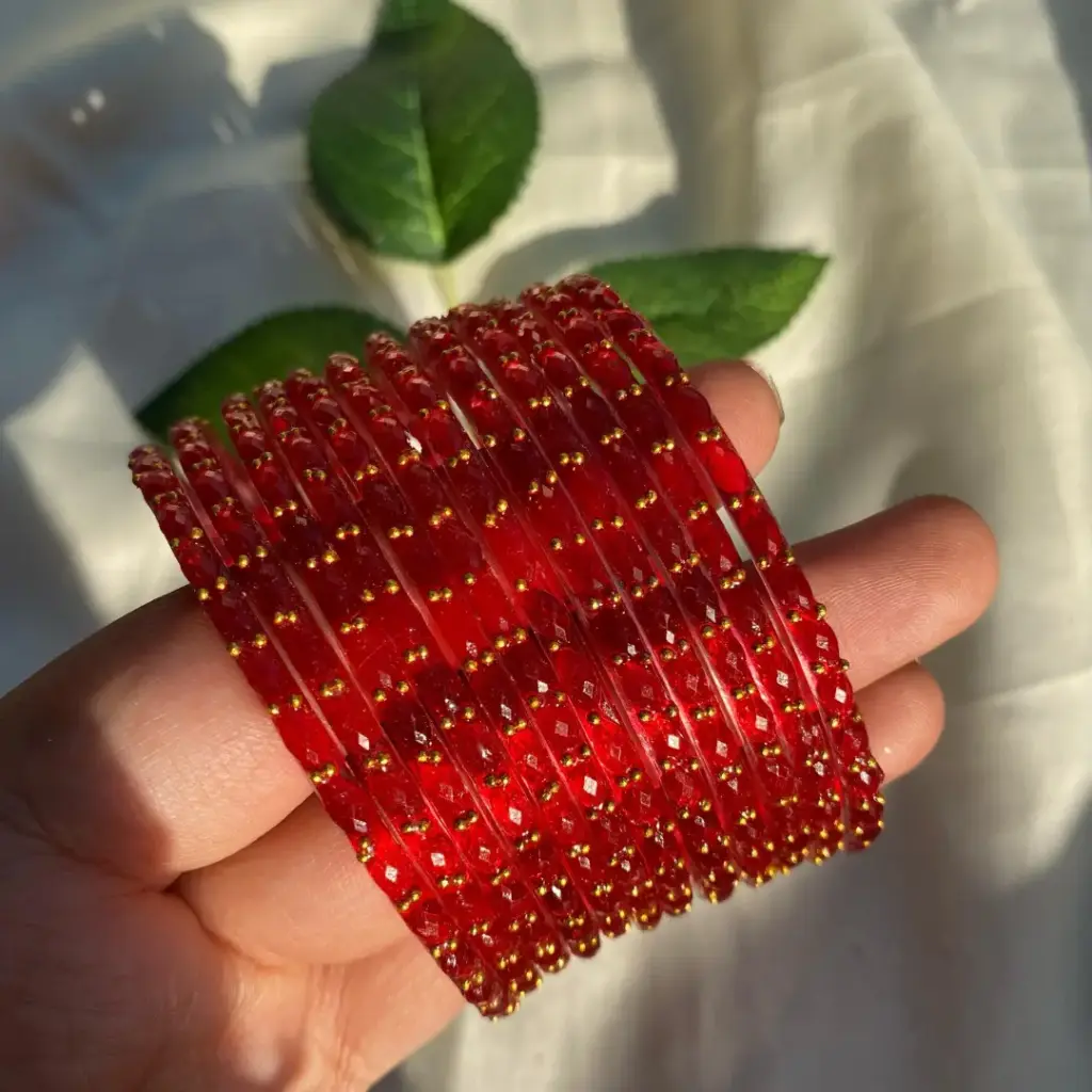 Red Rain Drop Glass Bangles (12 Piece)
