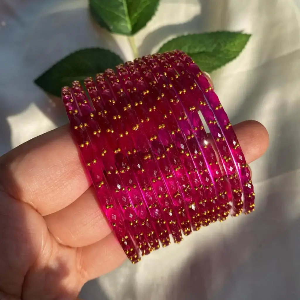Pink Rain Drop Glass Bangles (12 Piece)