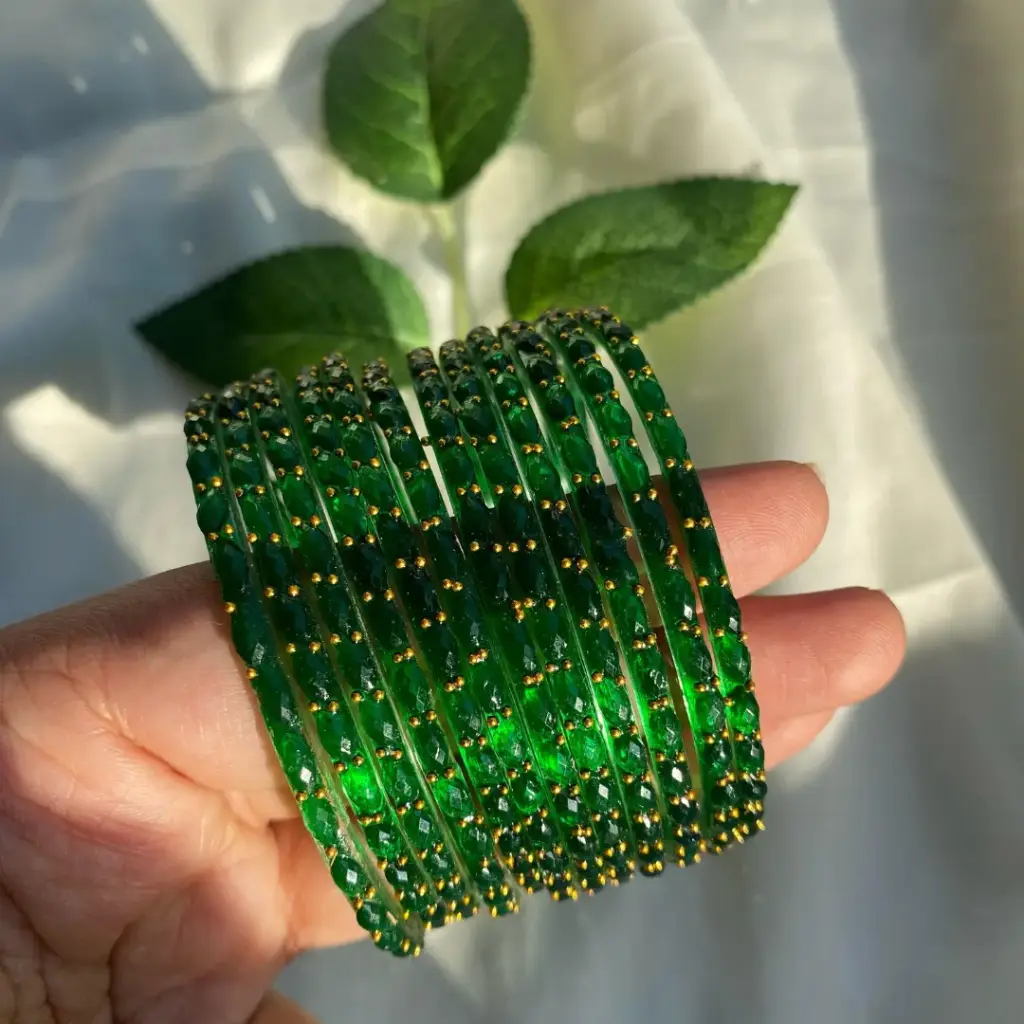 Green Rain Drop Glass Bangles (12 Piece)