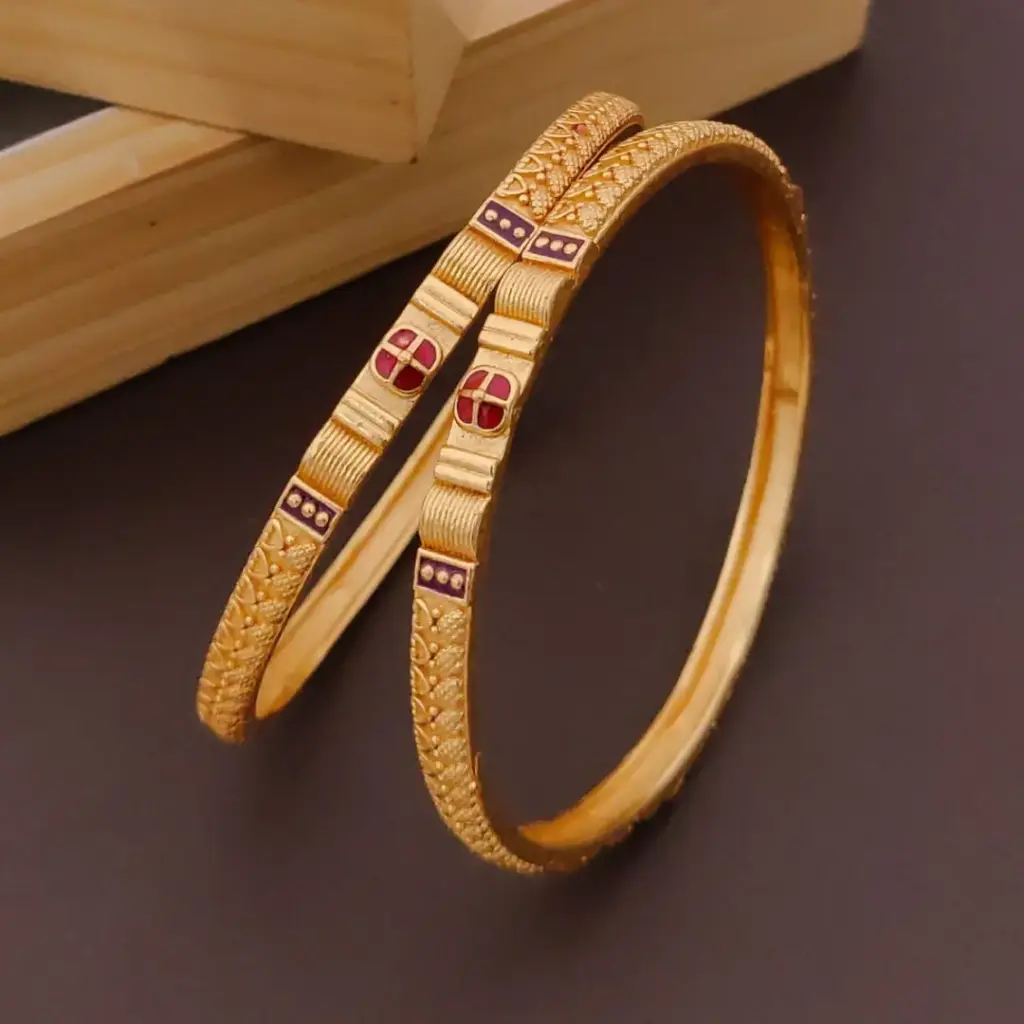 Classic Square Motif Gold-Plated Bangles with Red & Purple Accents