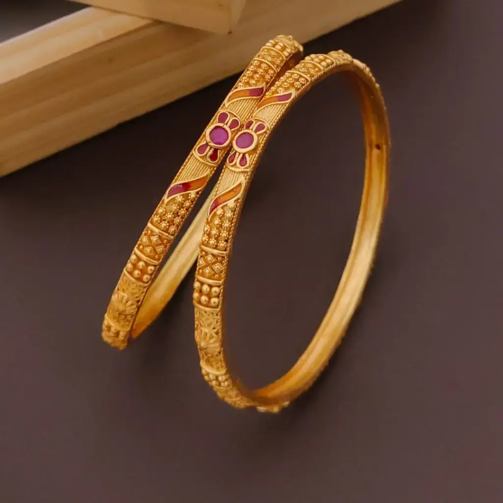 Floral Heritage Gold-Plated Bangles with Red Enamel
