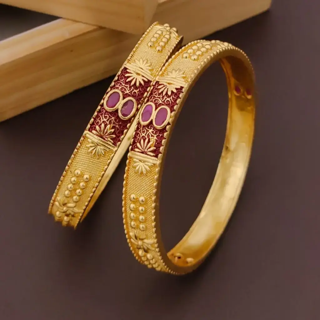 Royal Sunburst Gold-Plated Bangles with Red Enamel Accents – Ethnic Designer Jewelry
