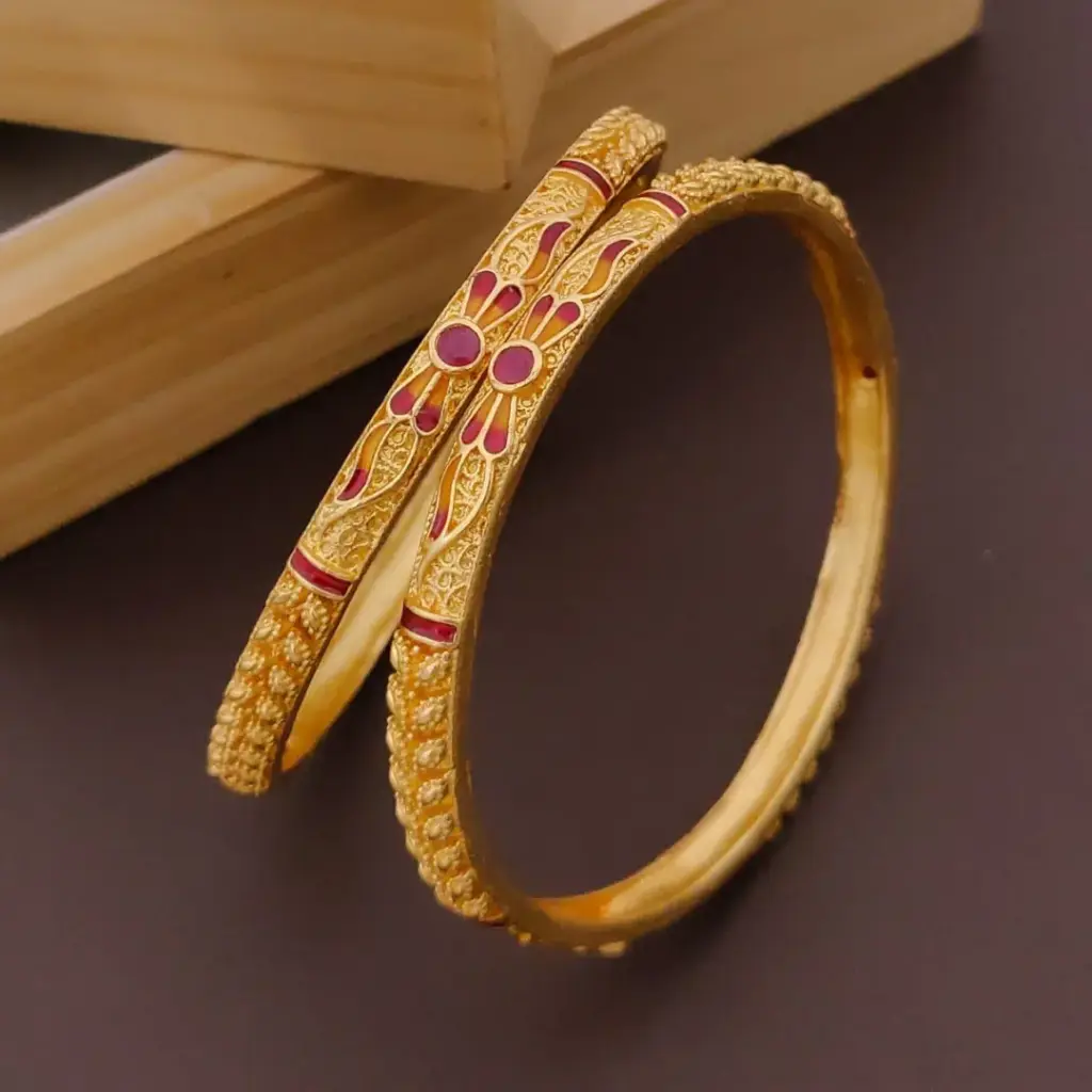 Designer Ornate Floral Gold-Plated Bangles with Red Enamel