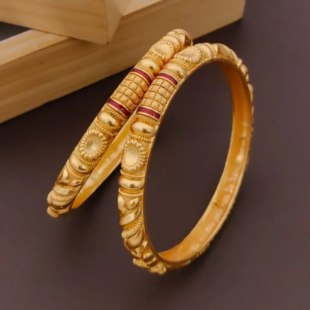Antique Sunburst Gold-Plated Bangles with Red Accents