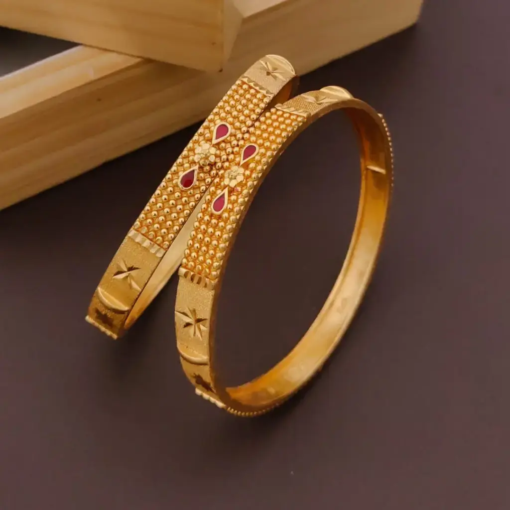 Antique Gold-Plated Floral Textured Bangles with Red Enamel – Set of 2 (2.4)