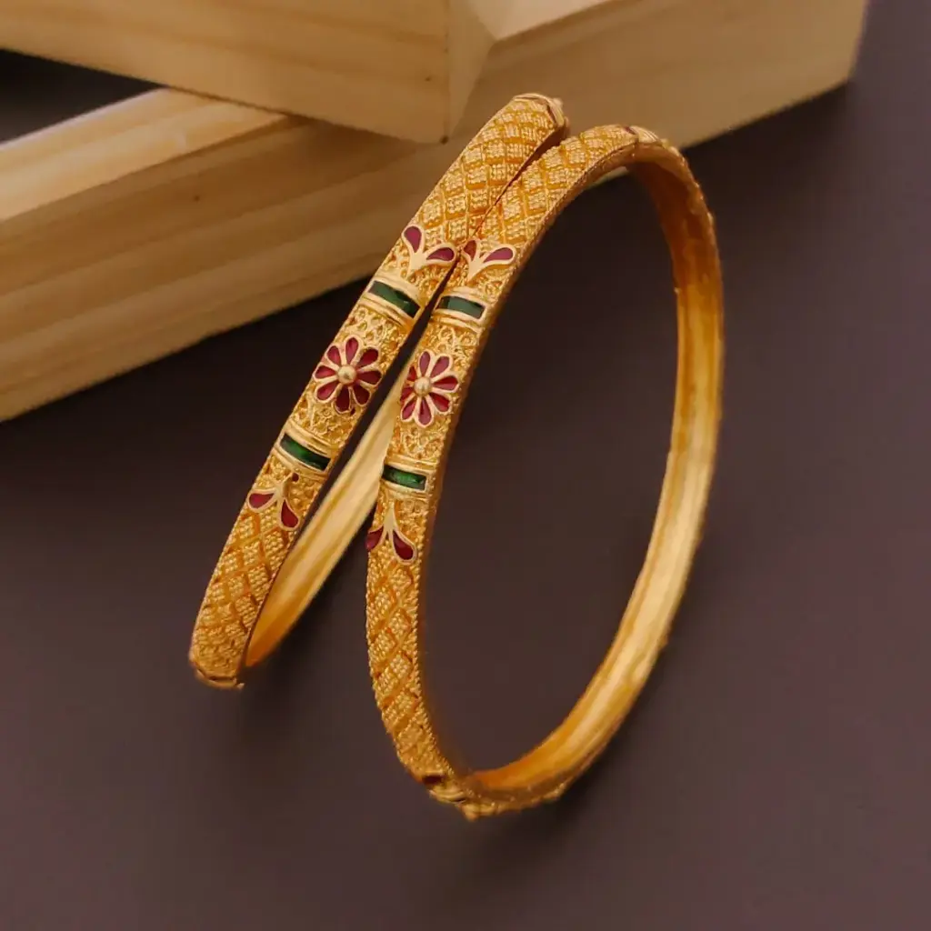 Floral Grid Design Gold-Plated Bangles with Enamel Accents