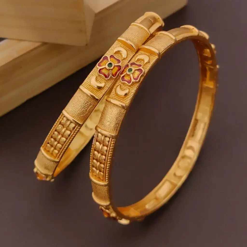 Bamboo Texture Gold-Plated Bangles with Enamel Floral Accents