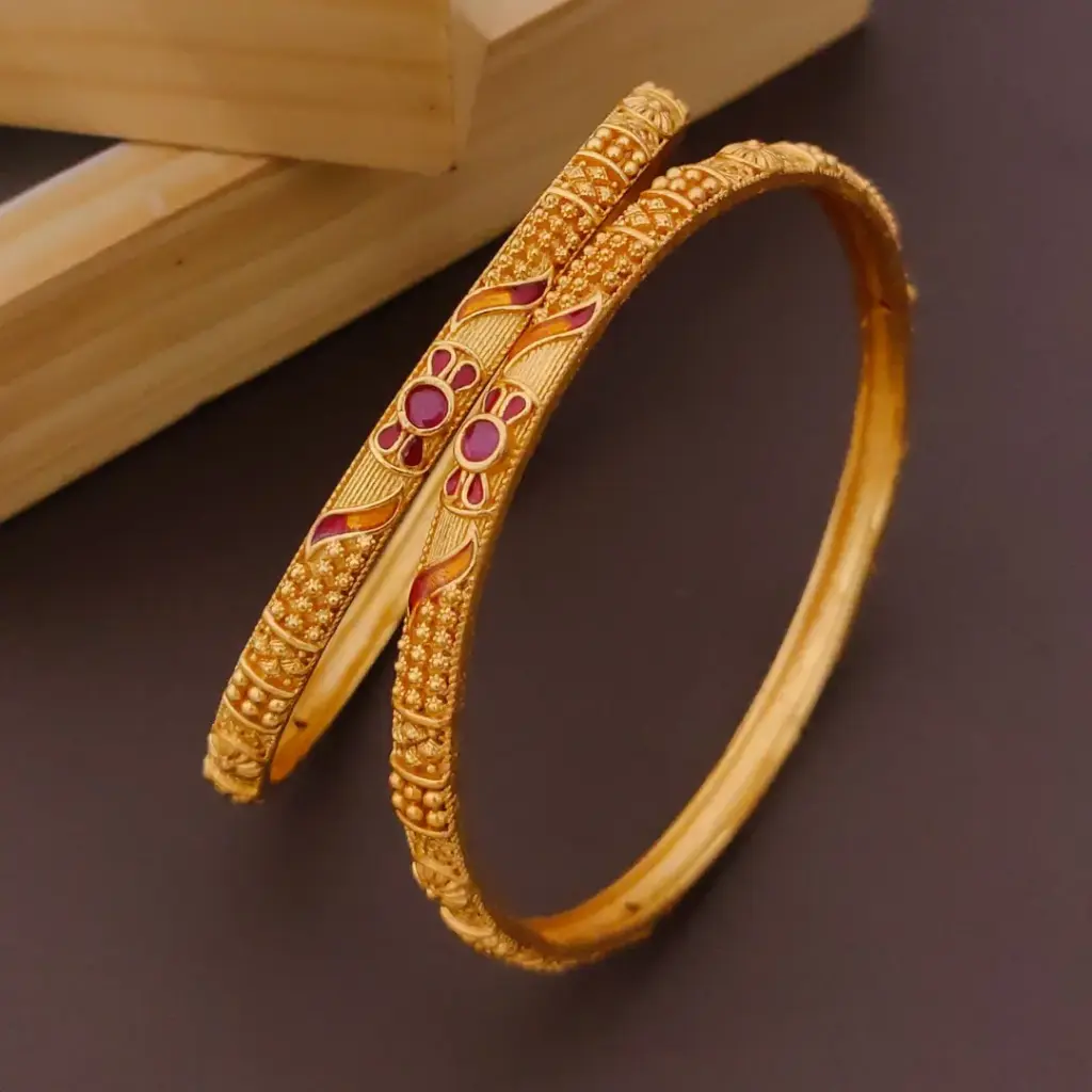 Ornate Floral Gold-Plated Bangles with Red Enamel