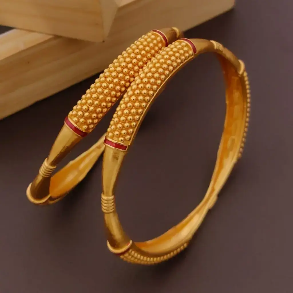 Minimalist Beadwork Gold-Plated Bangles with Red Accent