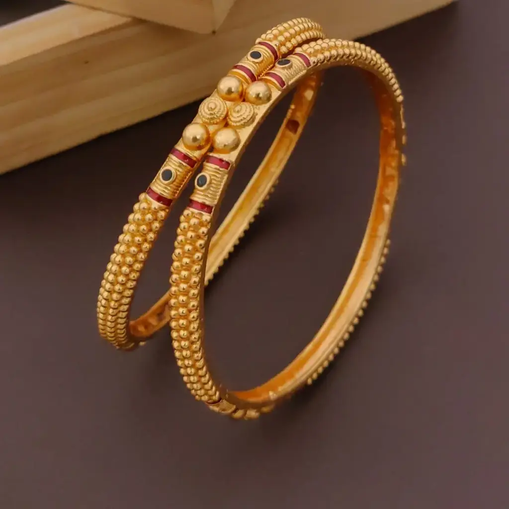 Traditional Beadwork Gold-Plated Bangles with Red & Black Accents (2.4)