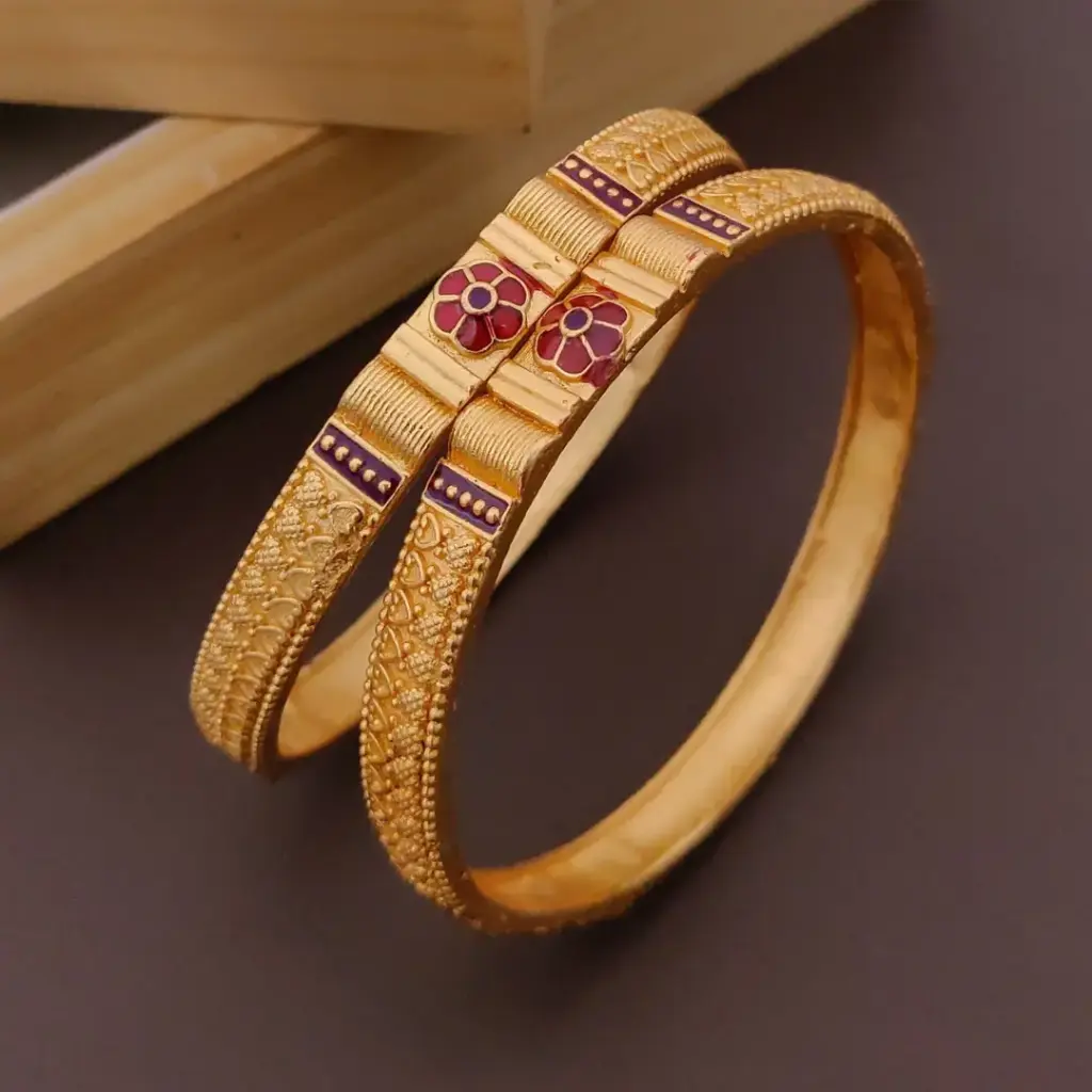 Elegant Antique Gold-Plated Bangles with red detailing  