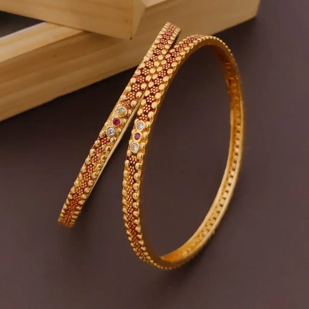 Embellished Floral Gold-Plated Bangles with Studded Stones